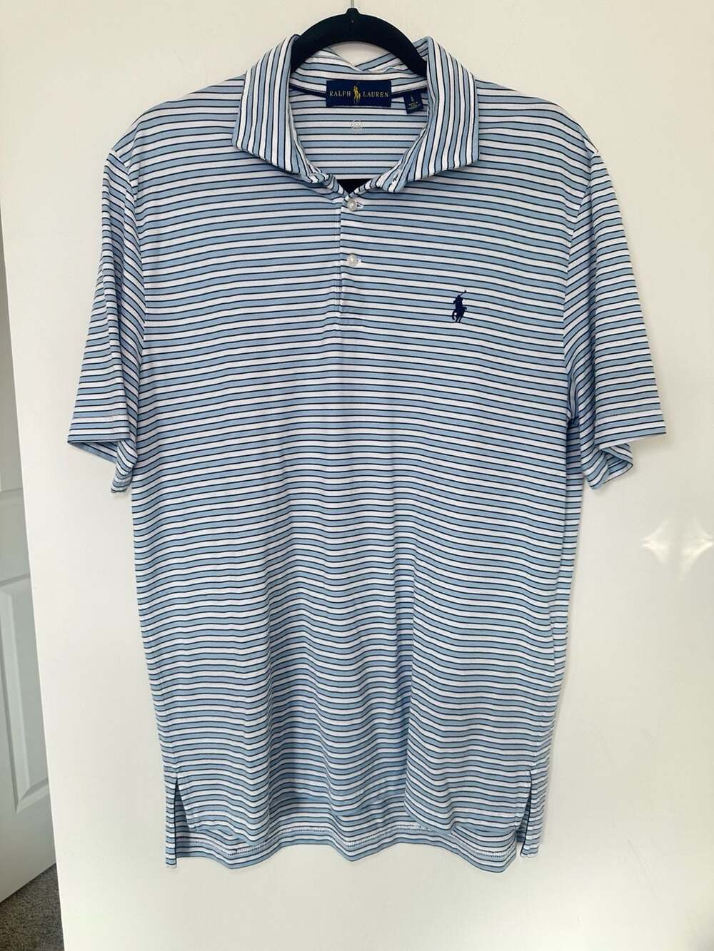 Ralph Lauren Striped Polo Shirt Size L Blue White Short Sleeve Golf Knit